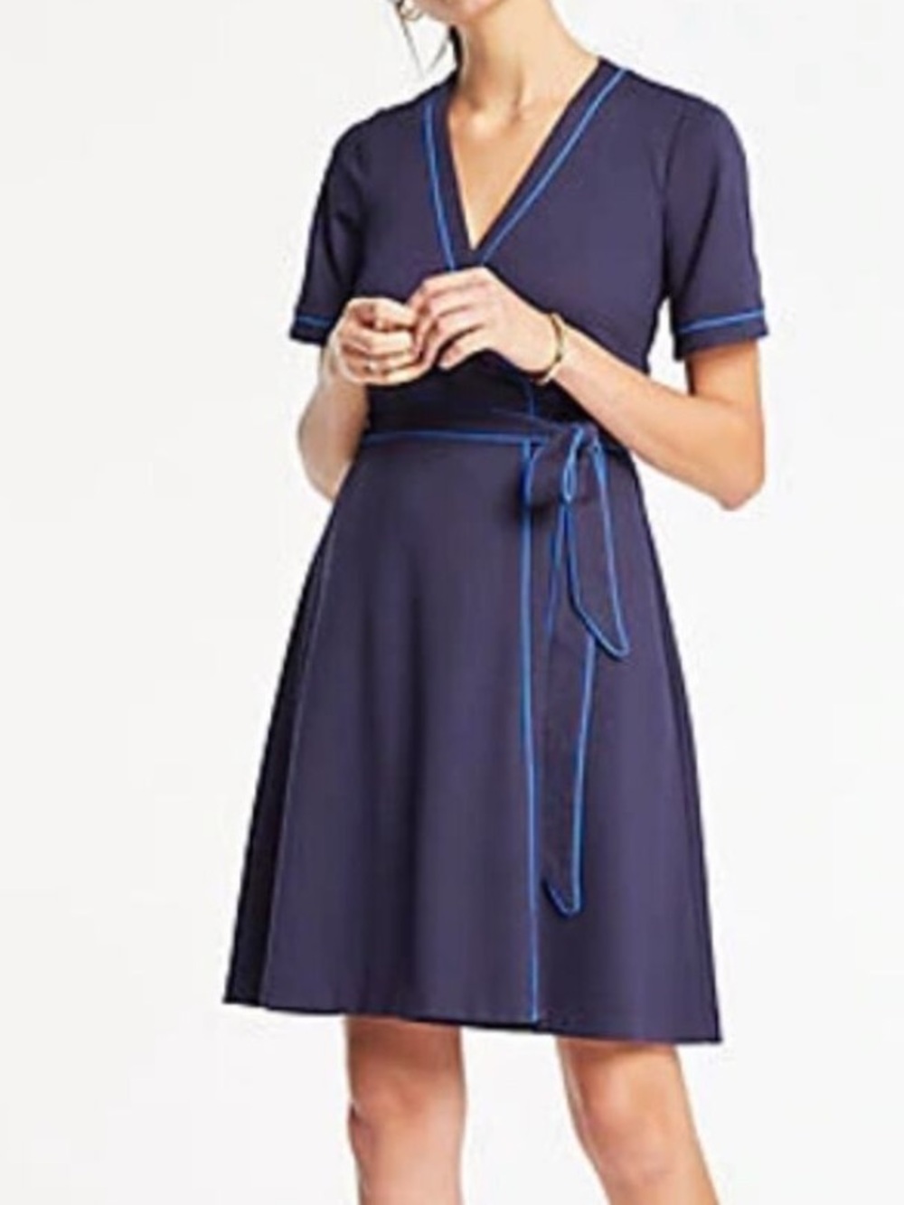 Ann Taylor Petite navy wrap dress with blue trim